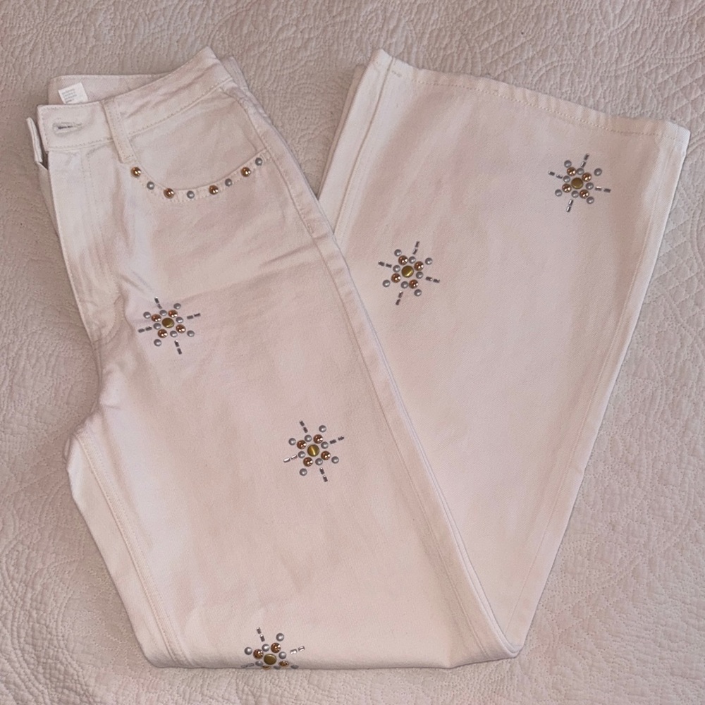 H&M White Wide-Leg Studded Jeans Size 36